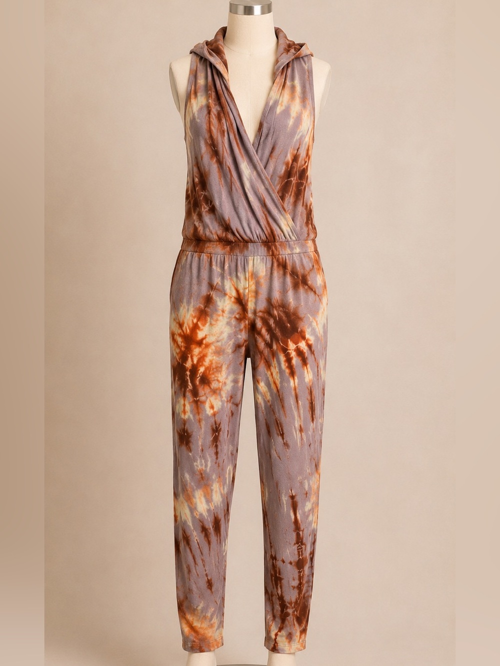 Jayli Tie Dye Hooded Jumpsuit L Open Back Harem Pants Boho Festival Rayon